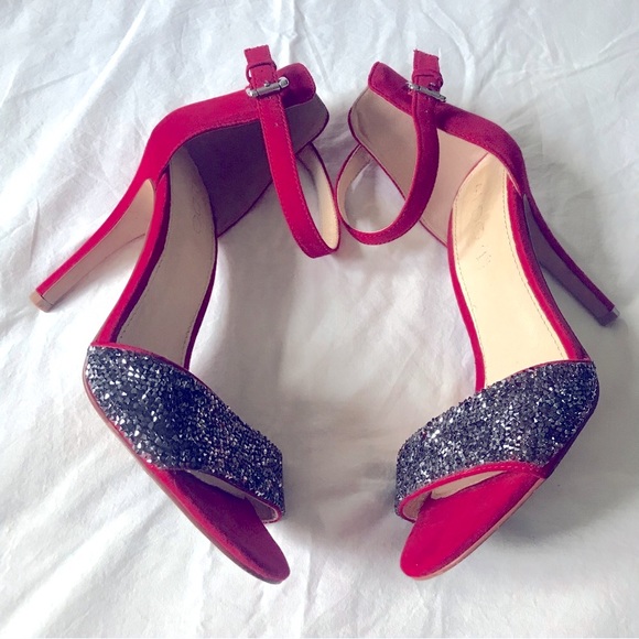 Aldo Red Suede Grey Crystal Accent High Heels Genuine Leather Insoles Size 40 EU - Picture 3 of 6